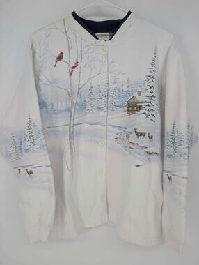 Vintage Artisans Women M Winter Cabin Cardinal Deer Cardigan Grandmacore Y2K